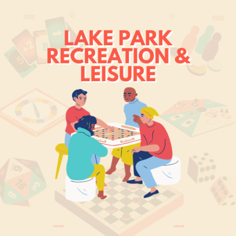 Lake Park Recreation & Leisure Title with people seated around a table playing a board game