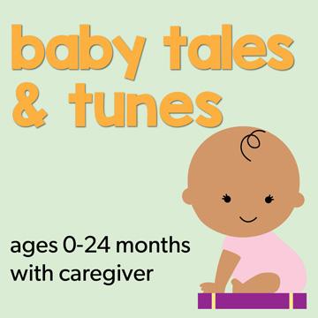 baby on book with wording baby tales and tunes 