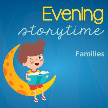 Wording evening storytime with boy sitting on moon graphics