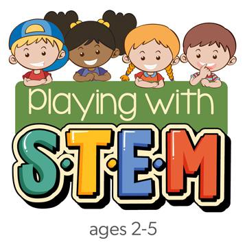 Words Playing with STEM with 4 children above the wording 