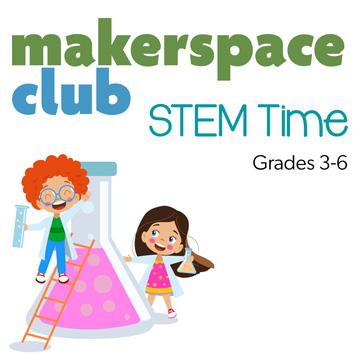 Wording: Makerspace club STEM time with two children around a beaker 