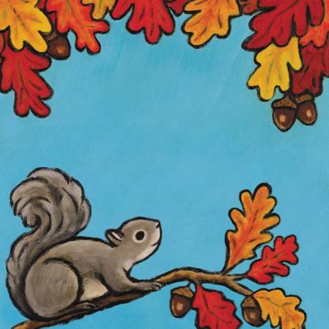 artwork showing squirrel and autumn leaves