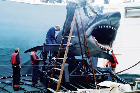 Photo of film crew working on set of JAWS.