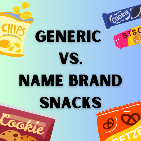 text reading generic versus name brand snacks with images of snacks 