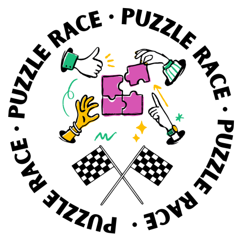 Four hands around a puzzle with a racing flag and text saying Puzzle Race