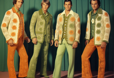 Photo of male models wearing crochet jackets in bright 70s era colors. 