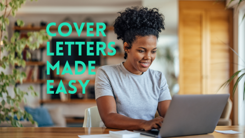 A lady works on her cover letter from her laptop computer.