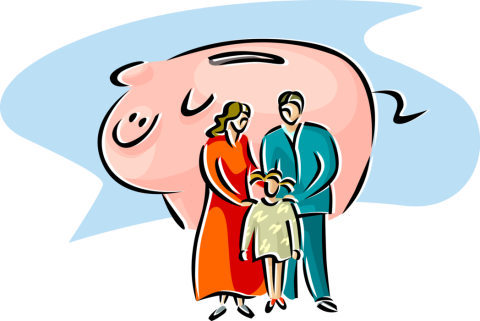 A family stands in front of a large piggybank.