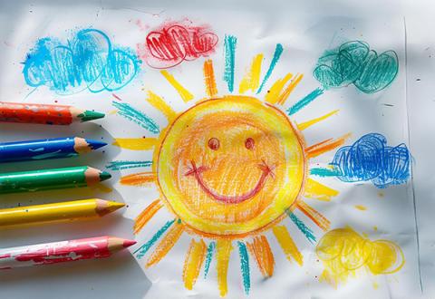 child's crayon drawing of sun and clouds