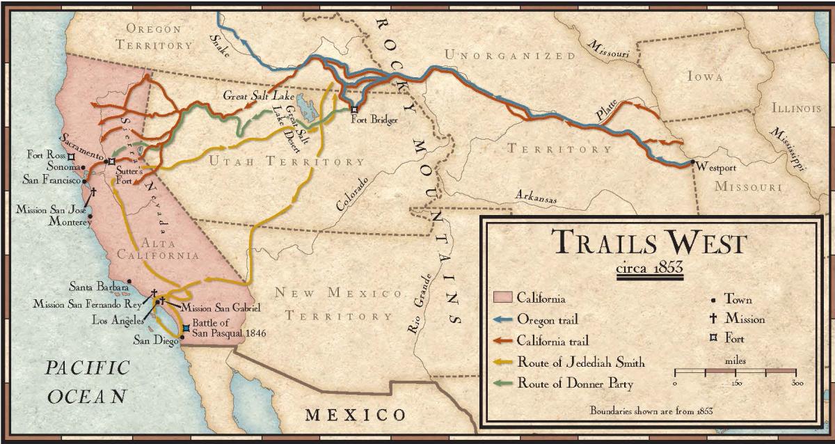 An image from National Geographic showing different historic trails heading from east to west. 