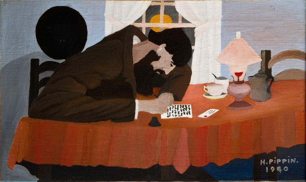 Painting by Horace Pippin, titled "Amish Letter Writer" features a man seated at a table with an orange table cloth writing a letter.