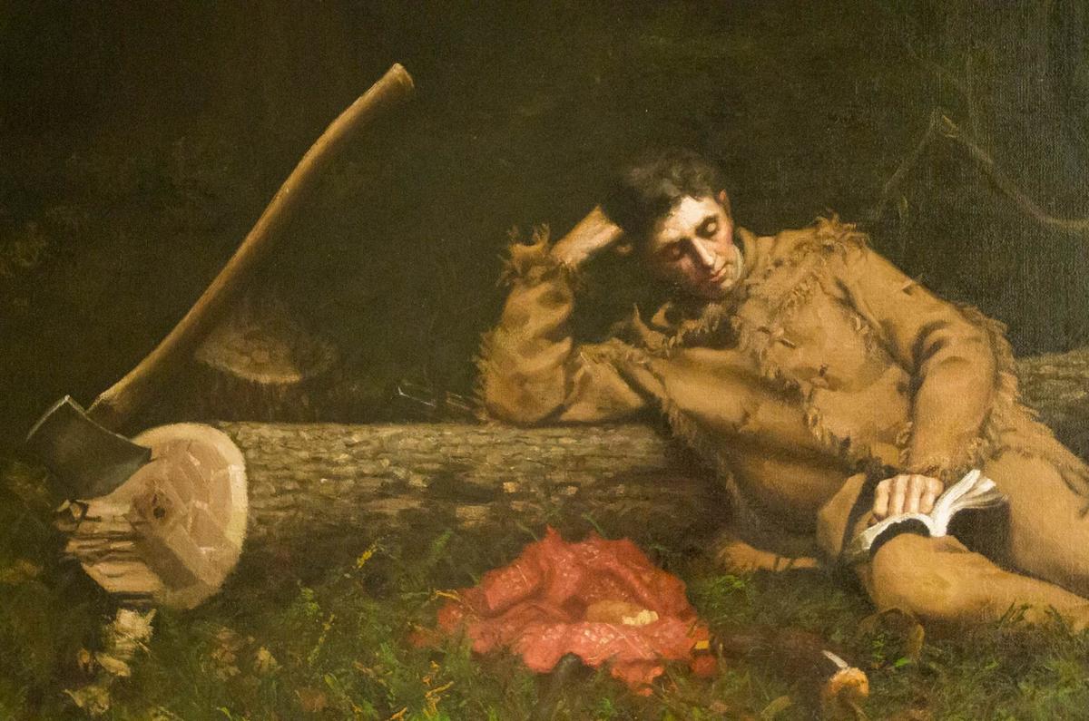 A painting of a young Abraham Lincoln, clad in buckskin shirt, pants and moccasins, is shown stretched out on the ground against a felled tree in a secluded clearing.