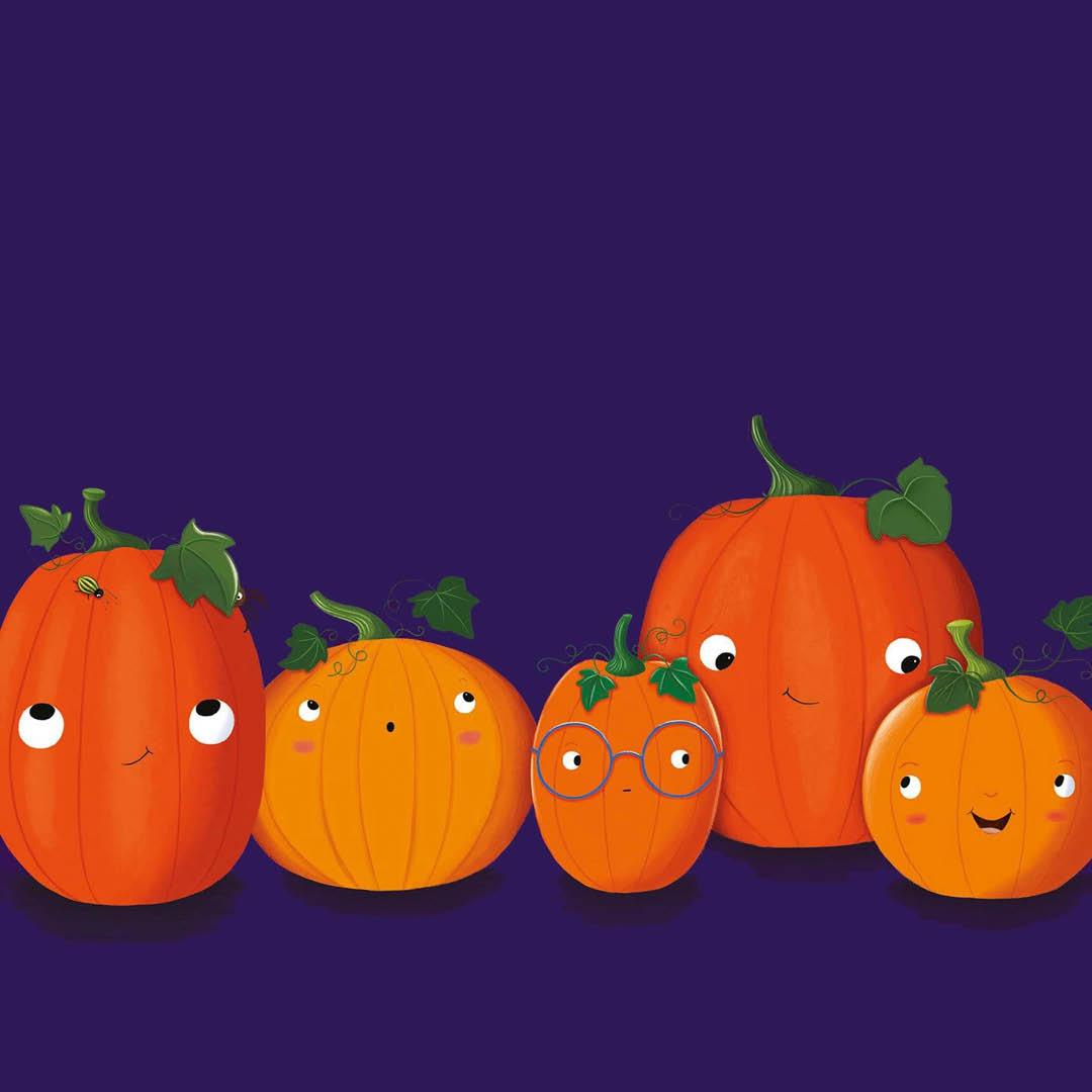 five pumpkins on purple background