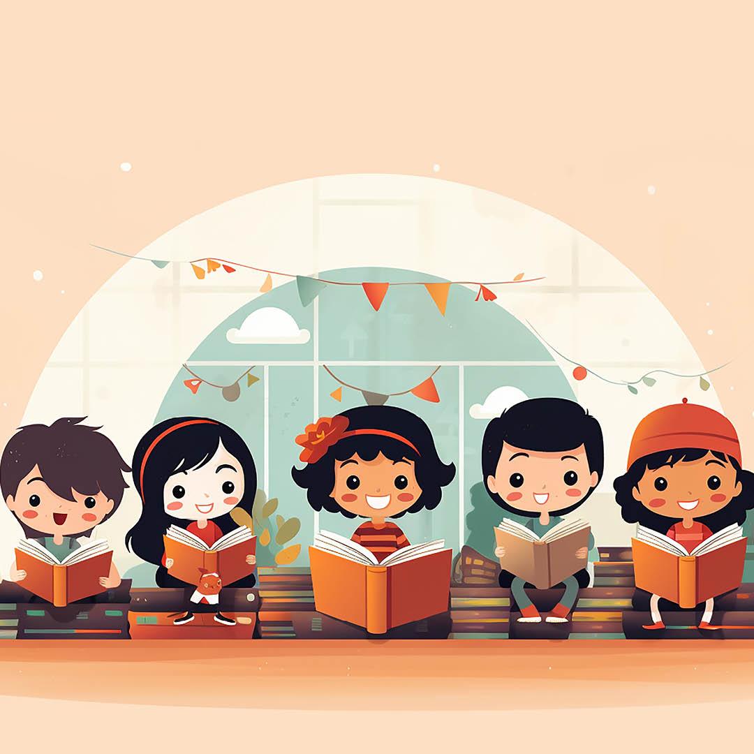 illustration showing kids reading books