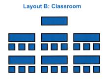 multiple rows of tables with chairs on one side facing forward